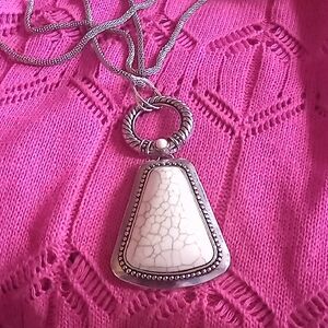 Elegant Long Silver Chain and White Howlight Stone Pendant Necklace